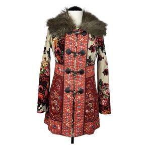 Anthropologie Elevenses Karelia Coat 6 Red Faux Fur Velvet Floral Patchwork Flaw